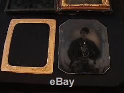 AUTHENTIC CIVIL WAR UNION SOLDIER 1/6th PLATE TINTYPE FROCK COAT GOLD TINTED FOB