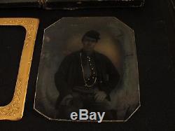 AUTHENTIC CIVIL WAR UNION SOLDIER 1/6th PLATE TINTYPE FROCK COAT GOLD TINTED FOB