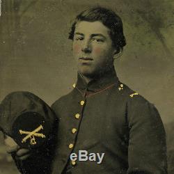 Antique 1860's Tintype Photo, Civil War Soldier Artillery, Tinted Gold Details