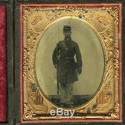 Antique 1860's Union Case Tintype Photo, Civil War Soldier, Cartridge Belt & Rifle
