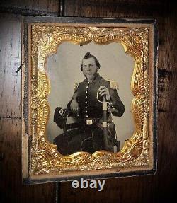 Antique 1860s Ambrotype Photo Of Armed Civil War Soldier Holding Painted Sword