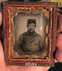 Antique 1860s Civil War Soldier in Uniform Smoking Cigar with Kepi Encased Photo