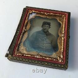 Antique 1860s Civil War Soldier in Uniform Smoking Cigar with Kepi Encased Photo