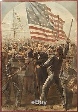 Antique 1864 CIVIL War American Flag Sailors Soldiers Abraham Lincoln Engraving