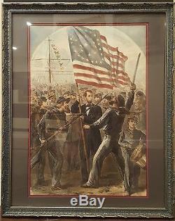 Antique 1864 CIVIL War American Flag Sailors Soldiers Abraham Lincoln Engraving