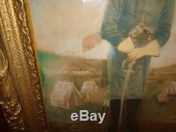 Antique 19th. C Pastel Image Civil War Soldier, Encampment, Flag, Sword, Pistol
