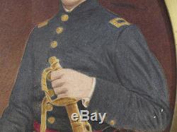 Antique 19th c ORIG Civil War Soldier Portrait Watercolor Painting K&O Frame yqz