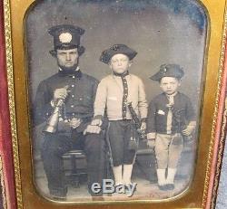 Antique 6 Daguerreotype Civil War Era Fireman Officer Soldier with 2 Sons in Case