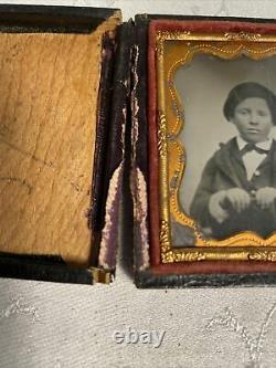 Antique Ambrotype Photo Civil War Era Soldier Little Boy In Hook Case 3x 2.25