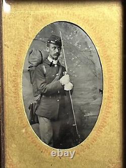 Antique American Civil/Indian War Era Tin Type Soldier With Antique Frame Signed