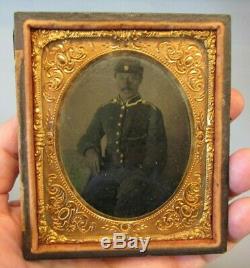Antique CIVIL WAR Officer Soldier Cappy Ambrotype Photograph Military Union Case