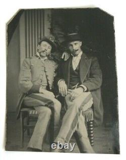 Antique CIVIL WAR Tintype 1860s TWO Soldiers Smoking Cigarette Cigar