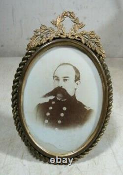 Antique Civil War 1860's Soldier Photo Gold Plated Lacquered Frame Huge Mustache