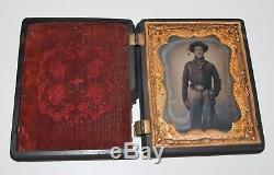 Antique Civil War Armed Soldier Tintype, Sword, Union Case, Upside Down Buckle