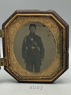 Antique Civil War Era Ambrotype Young Union Soldier Photograph Pocket Case