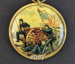 Antique Civil War GAR Soldier Cannon Battle Scene Celluloid Badge Medal Ribbon