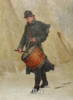 Antique Civil War Period, Drummer Soldier at Winter Camp, O/C Oil Painting, NR