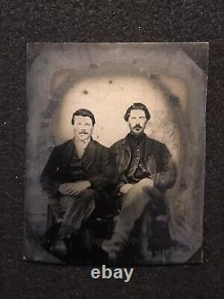 Antique Civil War Soldier And Friend In Framed Half Case Tintype Photo