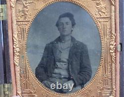 Antique Civil War Soldier Photo Brass Sheet Tintype Rare Case Military Portrait
