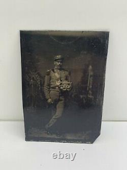 Antique Civil War Soldier Tintype Photo Musician with Horn