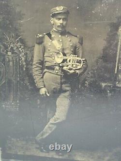 Antique Civil War Soldier Tintype Photo Musician with Horn