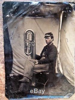 Antique Civil War Soldier Tintype w Brass Musical Coronet Instrument Photograph