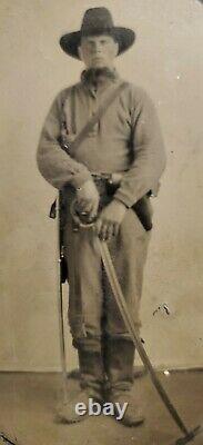Antique Civil War Tintype of Soldier with Sword and Pistol