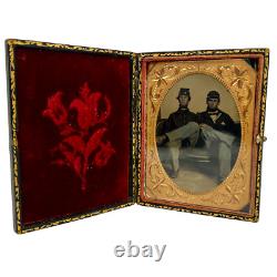 Antique Civil War Union Army 2 Soldiers Portrait Ruby Tinted Ambrotype in Case