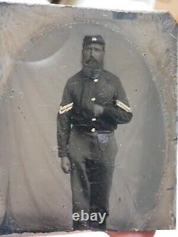 Antique Civil War Union Soldier Corporal Calvary Tintype In A Leather Case