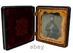 Antique Civil War Union Soldier Musket Tinted 6th Plate Tintype Photograph +Case