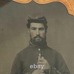 Antique Civil War Union Soldier Musket Tinted 6th Plate Tintype Photograph +Case