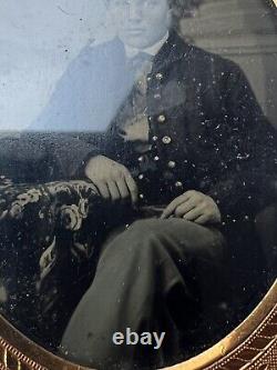 Antique Civil War Union Soldier Tintype Photo With? Gold Frame In Case
