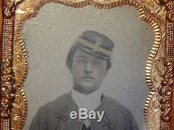Antique Civil War Union Zouave Militia Soldier Tintype Photograph Kepi Overcoat