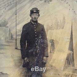 Antique Civil War Union soldier boy tintype photo American flag camp background