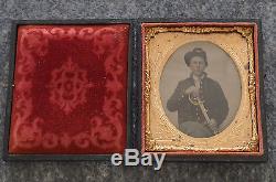 Antique Civil War Young Soldier Tintype Holding Sword Museum Quality Must See