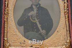 Antique Civil War Young Soldier Tintype Holding Sword Museum Quality Must See