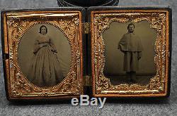 Antique Confederate Civil War Soldier & Wife in Great Coat Sixth-Plate