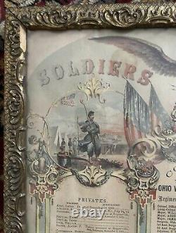 Antique Framed Civil War Soldiers Memorial Litho 1862 Ohio Volunteer Cavalry