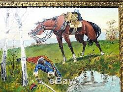 Antique Illustrative Oil Painting Soldier And Horse Military CIVIL War Battle
