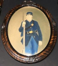 Antique Oval Framed Civil War Soldier In Uniform With Gun 17 X 24 Picture