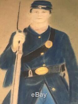 Antique Oval Framed Civil War Soldier In Uniform With Gun 17 X 24 Picture