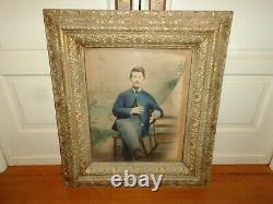 Antique Pastel Hand Painted Photo on Paper of a Sitting Soldier in an Encampment