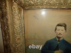 Antique Pastel Hand Painted Photo on Paper of a Sitting Soldier in an Encampment