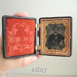 Antique Tintype Man with Cockade Military Soldier Union Case Photo Civil War 1/9