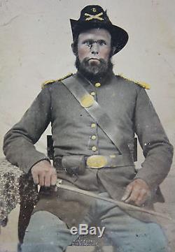 Antique Tintype Photograph, Civil War Soldier, Sword, Artillery, Tinted, Case