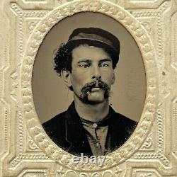 Antique Tintype Photograph Handsome Young Man In Kepi Civil War Soldier Cigar