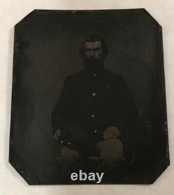 Antique Tintype Photograph Of A CIVIL War Era Soldier Seated With Hat