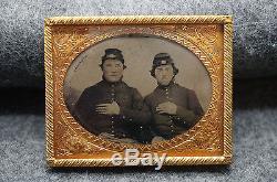 Antique Two Civil War Soldier Tintype Hand Over Hearts 2 1/2 x 2