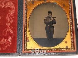 Armed Civil War Soldier (CS) Belt Buckle 1/6 Plate Tintype & Full Case