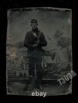 Armed Civil War Soldier Camp Scene Backdrop 1860s Tintype Original